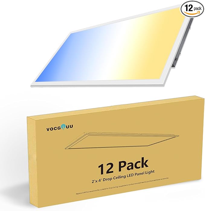 VocgoUU 12 Pack 2x4 LED Flat Panel Lights - Drop Ceiling Light Fixture 5000K 4000K 3000K Selectable & 0-10v Dimmable, 50W 24x48 LED Light Fixture, 100-277Vac, ETL Listed