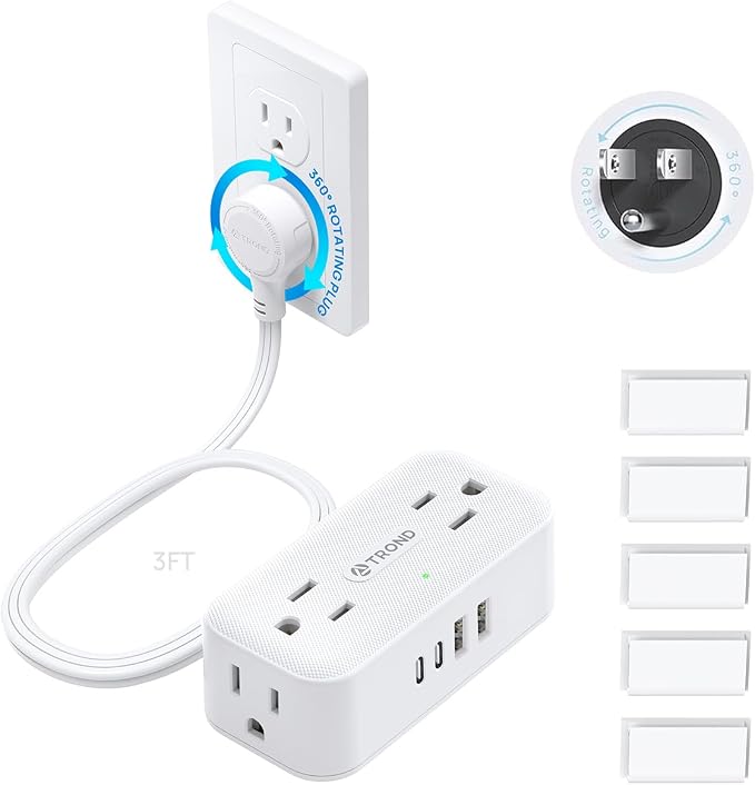 TROND 360° Rotating Flat Plug Short Extension Cord 3ft, Low Profile Power Strip by TRONDOfficial