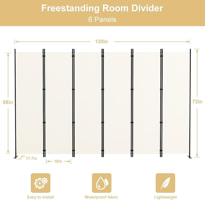 Kokorona 6 Panel Room Divider, 6FT Tall Folding Privacy Screen Wall Dividers - Image 2