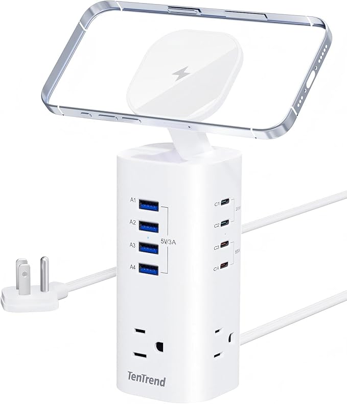 Power Strip Tower Surge Protector, TenTrend Flat Plug Extension Cord with 3AC Outlets & 8 USB Ports(4 USB-C), 115W Fast Charging Station for Home, Office Supplies, Dorm Room
