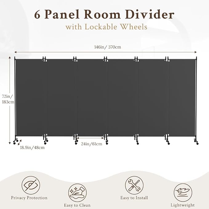 Kokorona 6 Panel Room Divider, 6FT Tall Folding Privacy Screen - Image 2