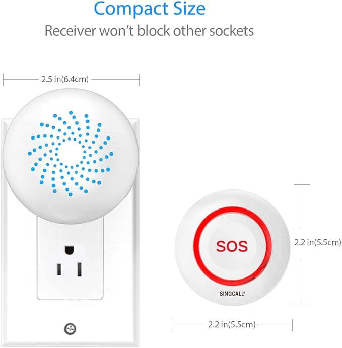 SINGCALL Caregiver Pager Panic Button Emergency Call Button for Elderly Alarm Bell Medical Alert Calling System for Seniors Waterproof Tuya Smart 1 SOS Button 1 Plugin Receiver (only 2.4GHz WiFi)