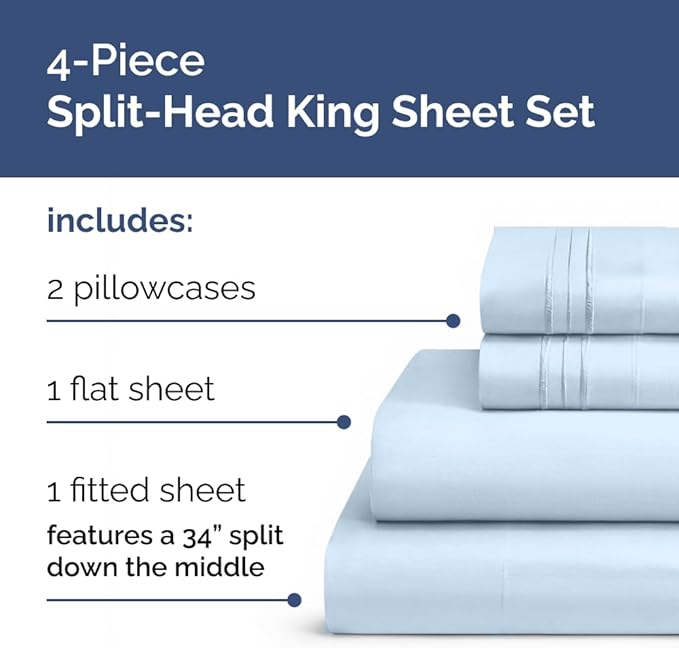 Split Head King Sheet Set – 4 Piece Flex Split Top King Sheets for Adjustable Beds - Fits 14” to 16" Mattress w/ Deep Pockets - Soft, Breathable & Cooling - Luxury Bedding and Wrinkle Free - Sky Blue