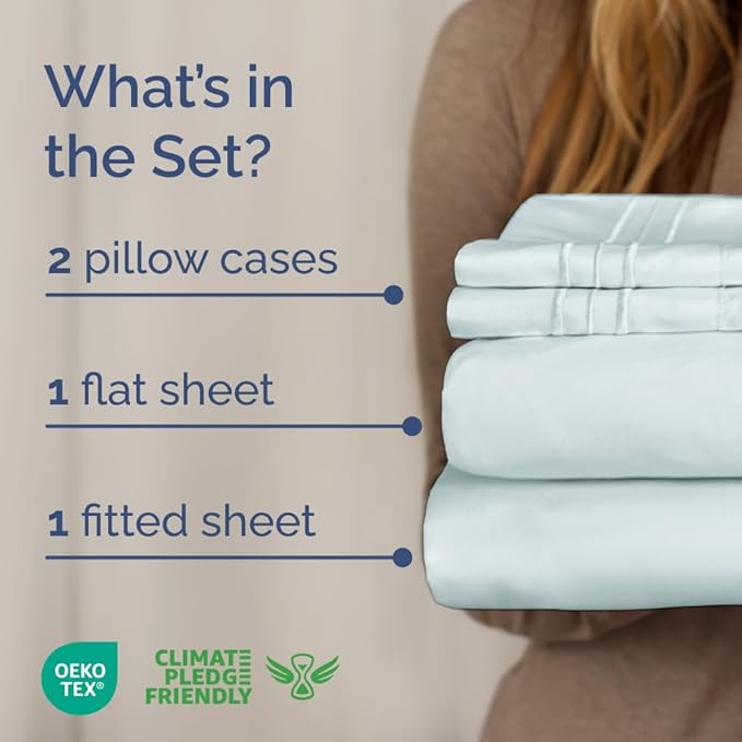 Full XL Bed Sheet Set - 4 Piece Extra Long Extended Full XL Sheets - Soft, Breathable & Cooling - Fits 8” to 16" Mattress w/ Deep Pockets - 54" x 80" - Easy-Fit, Wrinkle & Fade Resistant - Ice Blue