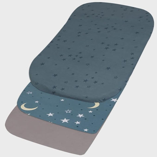 Belsden Pack of 3 Fitted Bassinet Sheet Set, Flexible Fit Various Bassinet, Adapts to Oval, Hourglasss and Rectangle Shaped Bassinet Pads, Cloudy Soft Washable Material, Grey Moon & Grey & Grey Star