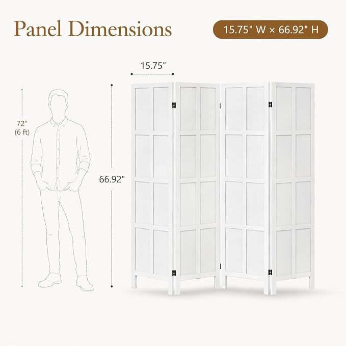 4 Panel Solid Wood Room Divider Folding Privacy Screen White | Freestanding - Image 2