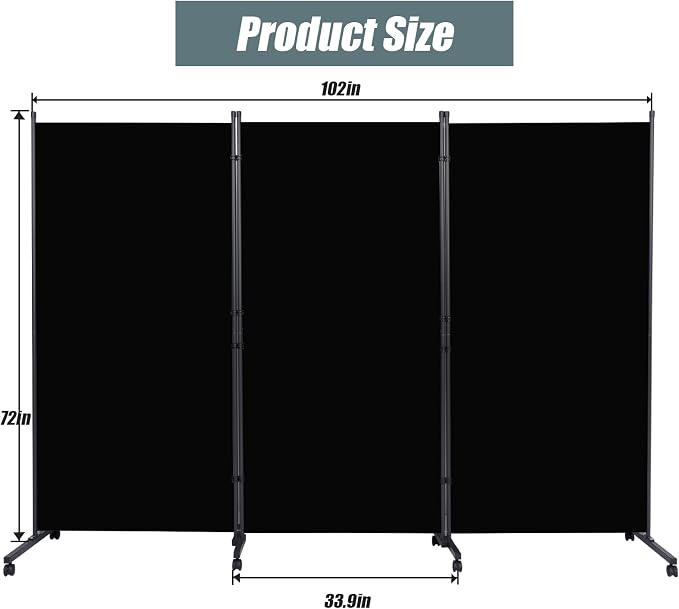 Room Divider 102'' Wide Folding Privacy Screen, 3 Panel Wall Divider w/Wheel | - Image 5