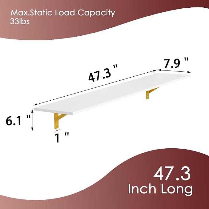 Long Wall Shelves, 47.3Inch Wooden Wall Mounted Shelves, Metal Brackets - Image 3