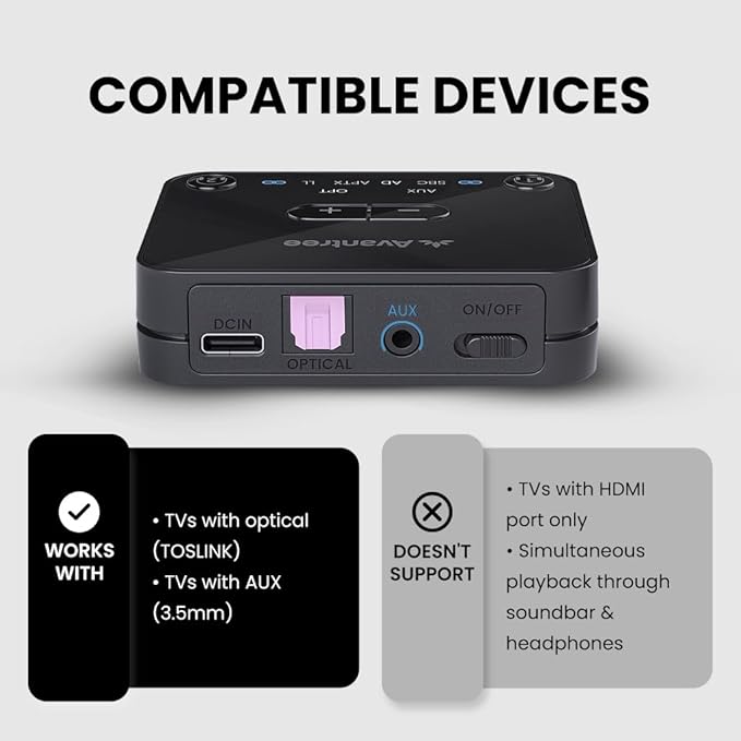 Avantree Audikast Plus – Bluetooth Audio Transmitter for TV with Optical & AUX Audio Out, Wireless Adapter for Headphones, 100ft Range, Dual Link, Volume Control
