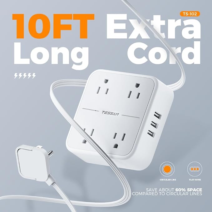 TESSAN Surge Protector Flat Extension Cord 10Ft, Ring Plug Power Strip | 4 - Image 5
