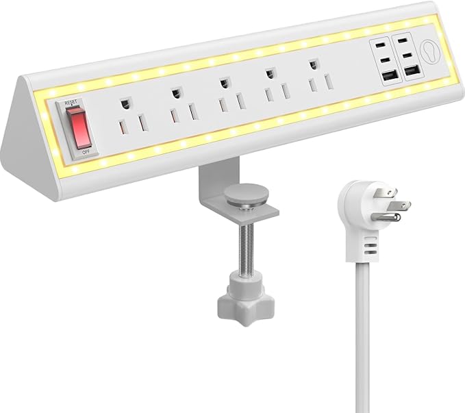 Desk Clamp Power Strip with Nightlight, 40W Fast Charging, 6FT Extension Cord by NYYTGE