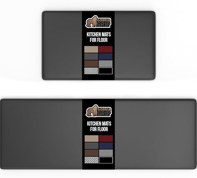 GORILLA GRIP 2 Pack Comfortable Cushioned Kitchen Mats for Floor, 17x24 + 17x48, Waterproof, Stain Resistant, 1/2 Inch Thick Soft Ergonomic Standing Desk Anti Fatigue Mat, Foam Supports Feet, Charcoal