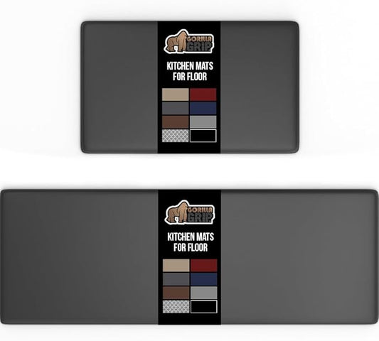 GORILLA GRIP 2 Pack Comfortable Cushioned Kitchen Mats for Floor, 17x24 + 17x48, Waterproof, Stain Resistant, 1/2 Inch Thick Soft Ergonomic Standing Desk Anti Fatigue Mat, Foam Supports Feet, Charcoal