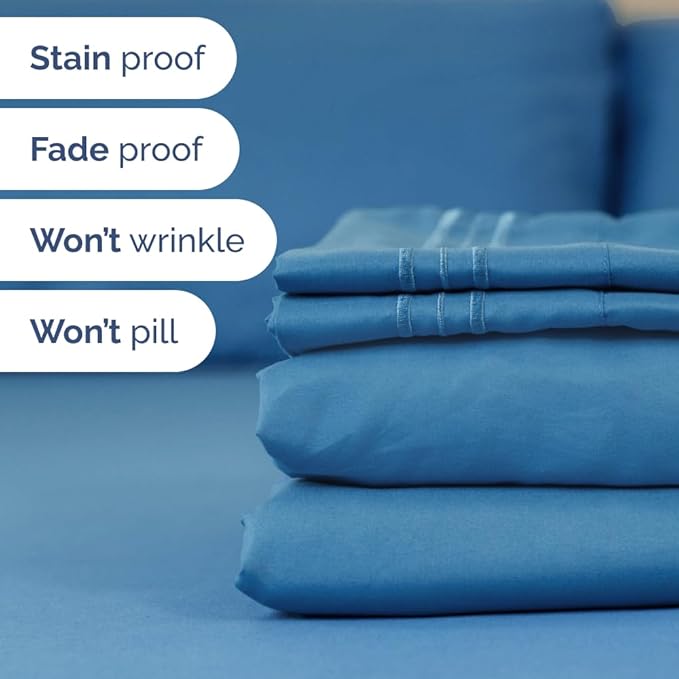 Split Head King Sheet Set – 4 Piece Flex Split Top King Sheets for Adjustable Beds - Fits 14” to 16" Mattress w/ Deep Pockets - Soft, Breathable & Cooling - Luxury Bedding & Wrinkle Free - Denim Blue