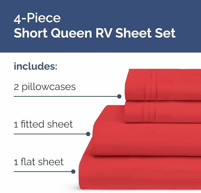 RV Short Queen Sheet Set 60 X 75 - 4 Piece RV Short Queen Bed Sheets - Ultra Soft, Breathable & Cooling - Designed for Bunks, Trailers & Campers - Fits 8” to 12" Mattress - Hotel Luxury Bedding - Red