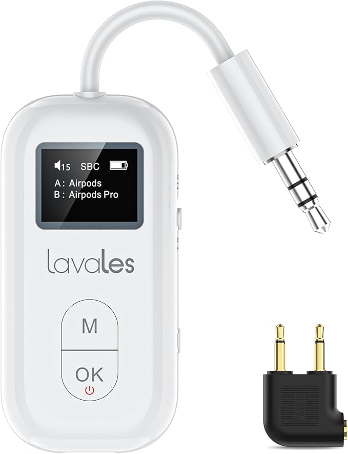 SafeFly Dual Bluetooth Transmitter with Screen for 2 Airpods, Wireless Audio Adapter Support aptX Low Latency, Long Range, 30H Battery Life, 3.5 mm Audio Jack on Airplanes, TV, Gym, MP3-White