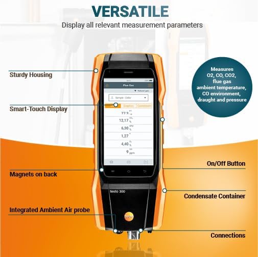 testo 300 Combustion Analyzer HVAC Kit with Printer - Combustion Leak Tester for Flue Gas, Draft, Differential Pressure & Ambient CO - Natural Gas Leak Tester with Probes - CO Meter with Touch Display