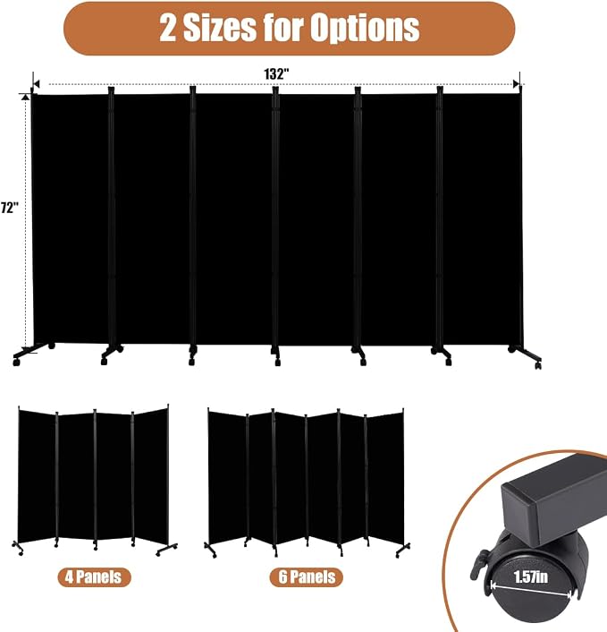 Room Divider 6FT Tall Folding Privacy Screens, 6 Panel Wall Divider w/Wheel | - Image 5