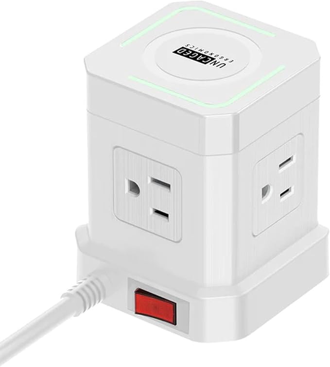 Uncaged Ergonomics Wireless Cube Charger & Power Strip with USB Ports, Surge Protection, 10ft Extension Cord with Wireless Charger, 4 AC Plugs & 3 USB Ports, 1 C Fast Charging with On/Off Switch
