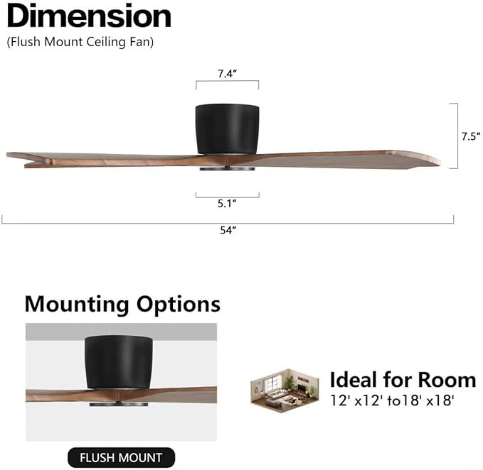 WINGBO 54" Flush Mount DC Ceiling Fans without Lights, 5 Carved Solid Wood Blades, 6-Speed Reversible DC Motor, Low Profile Hugger Ceiling Fan No Lights for Living Room Bedroom Patio, Black and Walnut