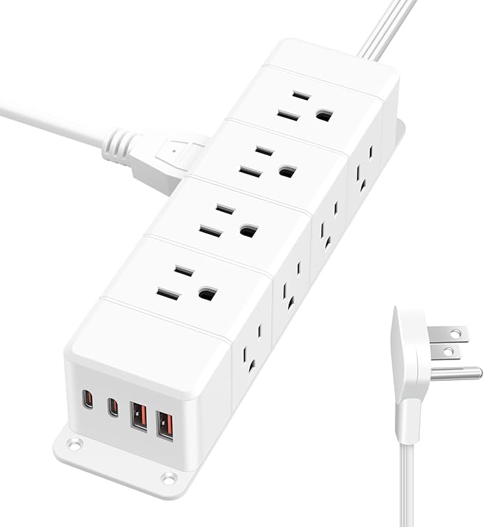 45W USB-C Fast Charging Under Desk Power Strip,12 Outlet Mountable Power Strip with 4 USB,1200J Surge Protection,10FT Flat Extension Cord