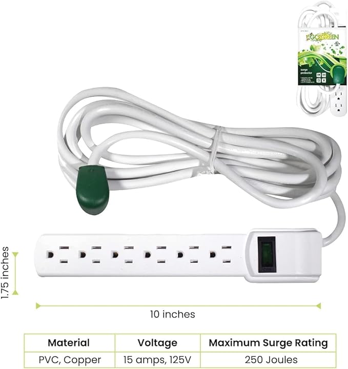 GoGreen Power Inc. (G-16103M-12-2) 6 Outlet Surge Protector, 12FT Cord, White, 2 Pack