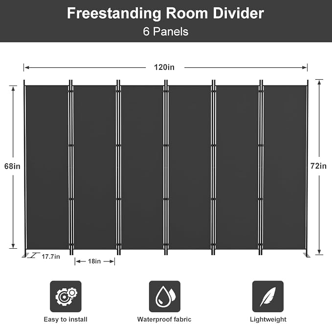 Kokorona 6 Panel Room Divider, 6FT Tall Folding Privacy Screen Wall Dividers - Image 2