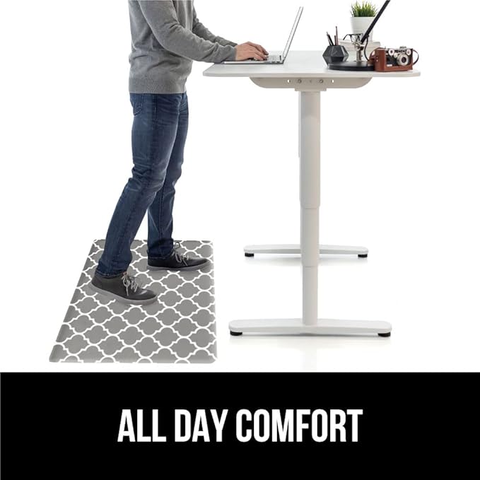 GORILLA GRIP 2 Pack Comfortable Cushioned Kitchen Mats for Floor, 17x24 + 17x48, Waterproof and Stain Resistant, 1/2 Inch Thick Ergonomic Standing Desk Anti Fatigue Mat, Foam Supports Feet, Grey White