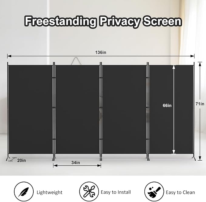 Kokorona 4 Panel Room Divider, 6FT Tall Folding Privacy Screen Wall Dividers - Image 2