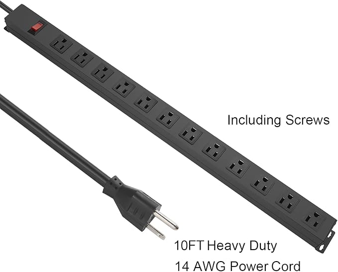 HHSOET Metal Wall Mount Power Strip, Mountable Power Outlet with 12 AC Outlets, Aluminum Alloy Mount Power Socket with Switch, 10 FT SJT 3/C 14AWG Power Cord, 15A 125V 1875W (12AC) Black