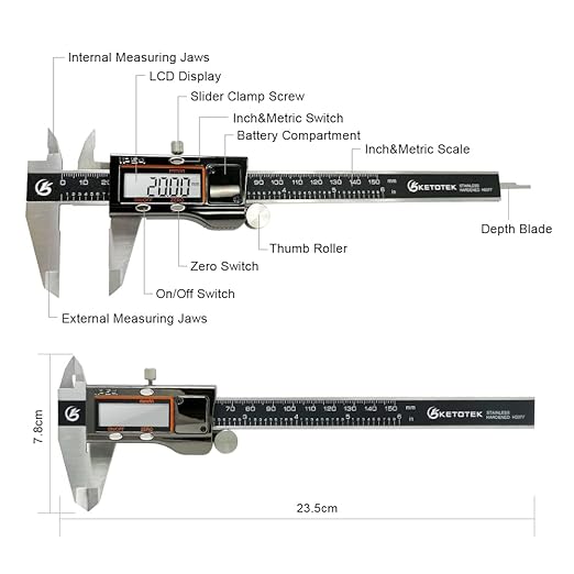 KETOTEK Digital Caliper Measuring Tool, IP54 Waterproof Stainless Steel Electronic Vernier Caliper 6 Inch/150mm Digital Micrometer with Large LCD Screen