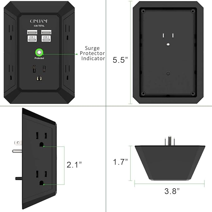 USB Wall Charger, Surge Protector, QINLIANF 5 Outlet Extender with 4 USB Charging Ports (4.8A Total) 3-Sided 1680J Power Strip Multi Plug Outlets Wall Adapter Spaced for Home Travel Office(2U2C),Black
