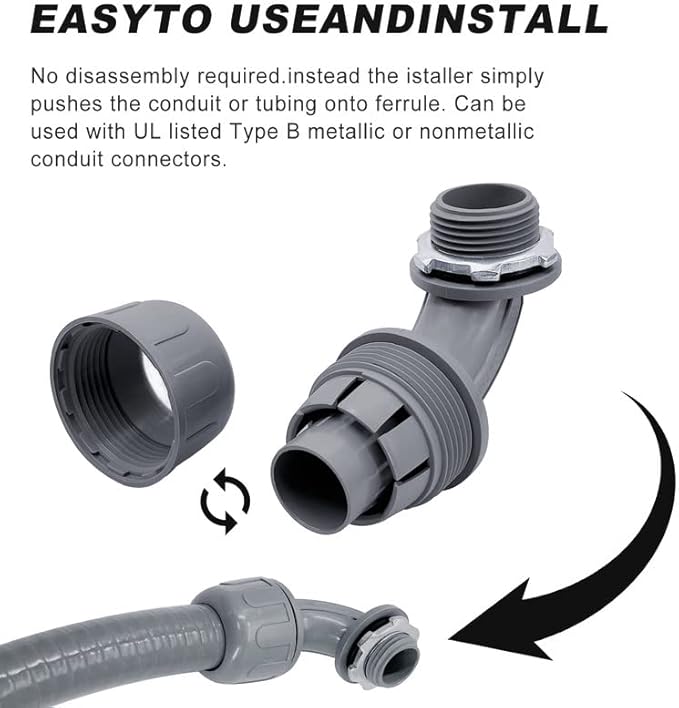 Wocloer 1/2 inch Liquid Tight Connector PVC Flexible Conduit Connector UL Listed Liquid Tight Connector Non-Metallic Electrical Conduit Fittings 12 Pack (8 Pcs 180D/4 Pcs 90D)