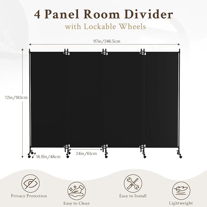 Kokorona 4 Panel Room Divider, 6FT Tall Folding Privacy Screen - Image 2