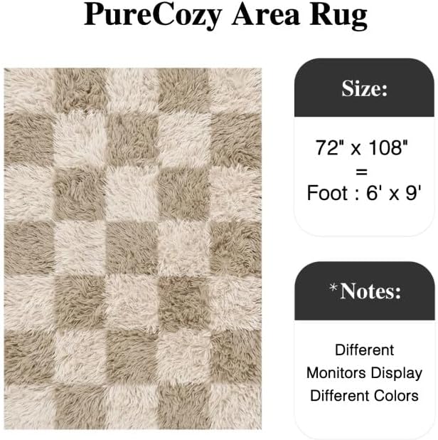 Beige 6x9 Area Rug for Living Room Soft Checkered Shag Carpet | Machine Washable - Image 2