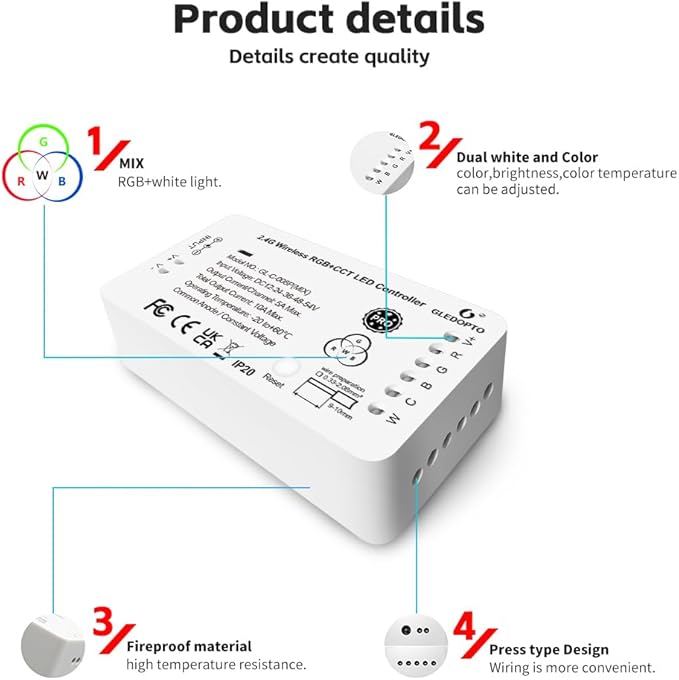 GLEDOPTO ZigBee 3.0 RGBCCT LED Strip Controller Pro RGB Color and Warm White Cold White Light Mix PWM Dimming Smart Phone App Voice Control Work with Hub Bridge (ZigBee Hub Required)