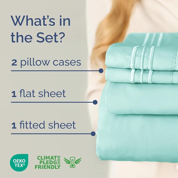 Full XL Bed Sheet Set - 4 Piece Extra Long Extended Full XL Sheets - Soft, Breathable & Cooling - Fits 8” to 16" Mattress w/ Deep Pockets - 54" x 80" - Easy-Fit, Wrinkle & Fade Resistant - Spa Blue