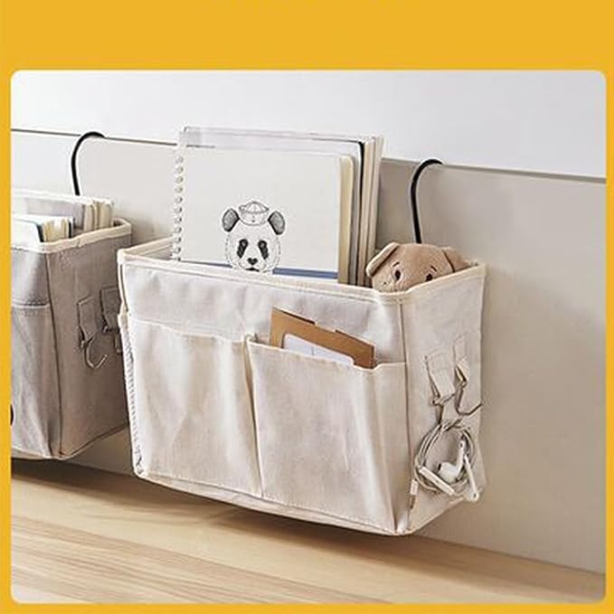 White Canvas Organizer Basket Wall Mount Storage Pouch Nightstand Hanging Bag - Image 4
