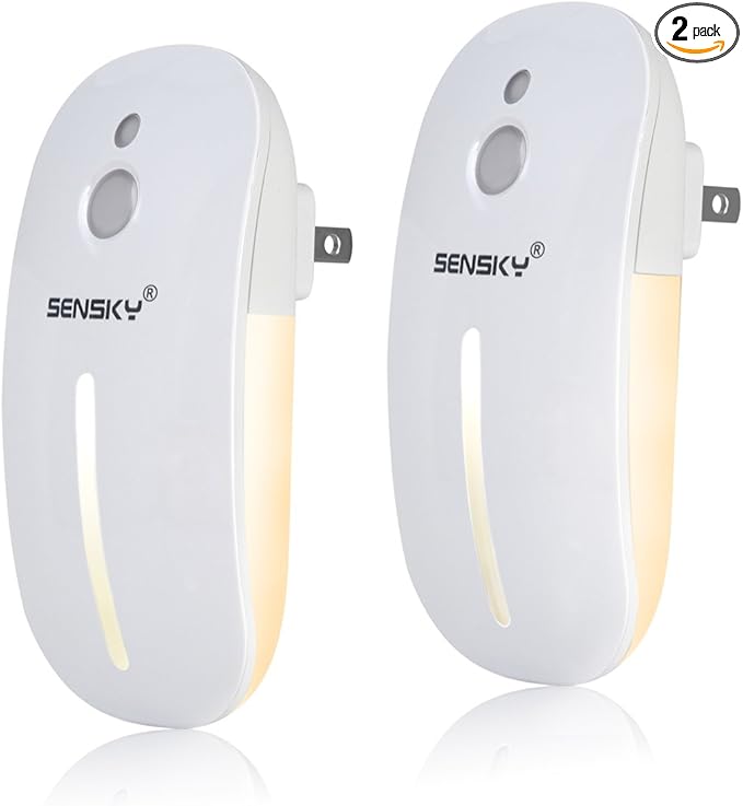 Sensky [2 Pack Plug in Night Light with Auto Dusk to Dawn Sensor, Brightness Adjustable, Dimmable Night Light for Bathroom, Kitchen, Hallway, Stairs, Garages (with Front Light and Back Light)