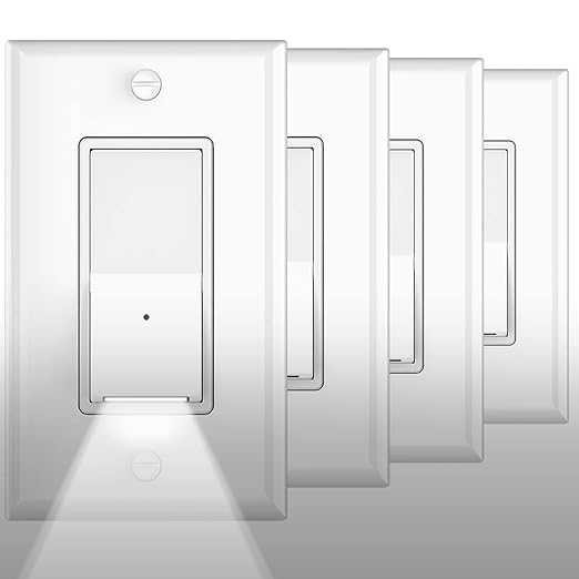 4Pack SOZULAMP Illuminated Light Switch-Esay to Install,No Neutral Wire,Single-Pole Paddle Rocker Lightswitch with Night Light,15Amp 120/277Volt,Glossy White