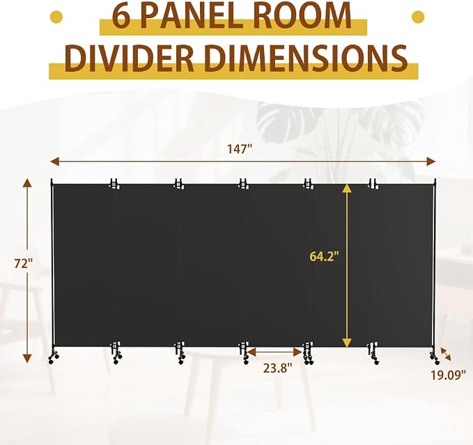 6 Panel Room Divider with Lockable Wheels, Freestanding Partition Room - Image 2