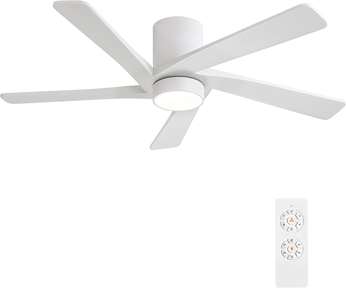WINGBO 48 Inch Flush Mount DC Ceiling Fan with Lights and Remote, 5 Reversible Carved Wood Blades, 6-Speed Noiseless DC Motor, Hugger Ceiling Fan in White Finish, Low Profile Ceiling Fans, ETL Listed