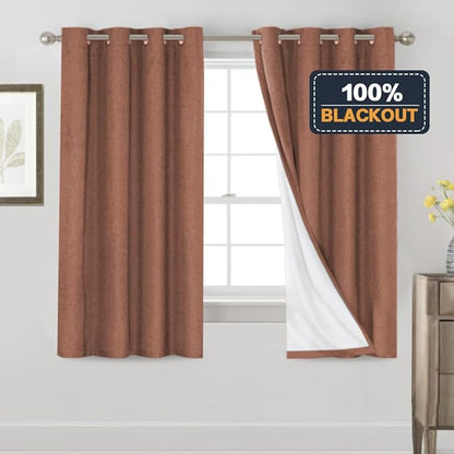 PrinceDeco Thick Linen Blend Curtains 100% Blackout Curtains 64 inch Long 2 Panels Set for Bedroom Nursery Living Room Full Blackout Window Draperies with White Liners 42" Wide,64" Length,Washed Spice