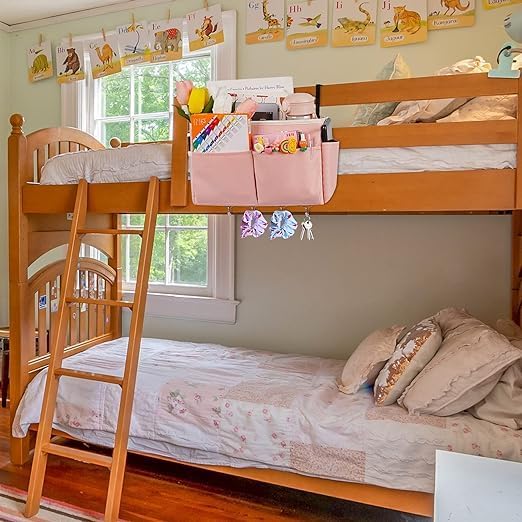 Bedside Caddy Organizer 5 Pockets 4 Hooks Bunk Bed 2Pack Pink | Hanging Storage - Image 4