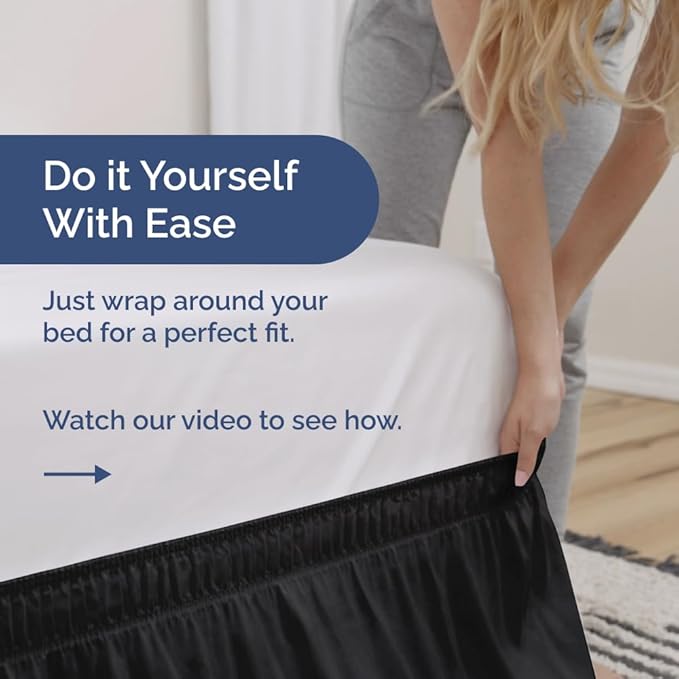 Wrap Around Dust Ruffle Bed Skirt - Black - for Queen Size Beds with 24 Inch Drop - Easy Fit Elastic Strap - Adjustable Pleated Bedskirt w/Brushed Fabric - Wrinkle Free - for Women, Men, Kids & Teens