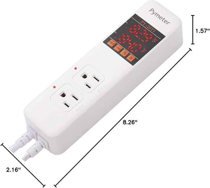 Pymeter 2 in 1 Digital Temperature Controller Dual Outlet Heat Mat Thermostat Reptile Greenhouse Heater Home Brewing Freezer Cooling Heating Pad Control 16A 1920W
