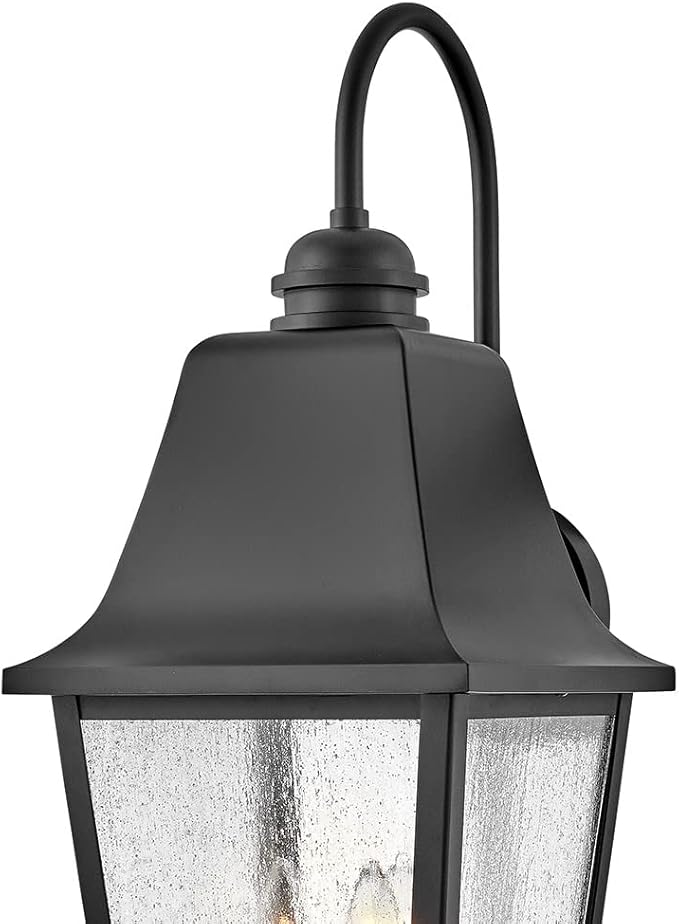 Hinkley Kingston Large Wall Mount Lantern - Oversized Sweeping Roof & Arms, Aluminum, Clear Seedy Glass - Black Finish