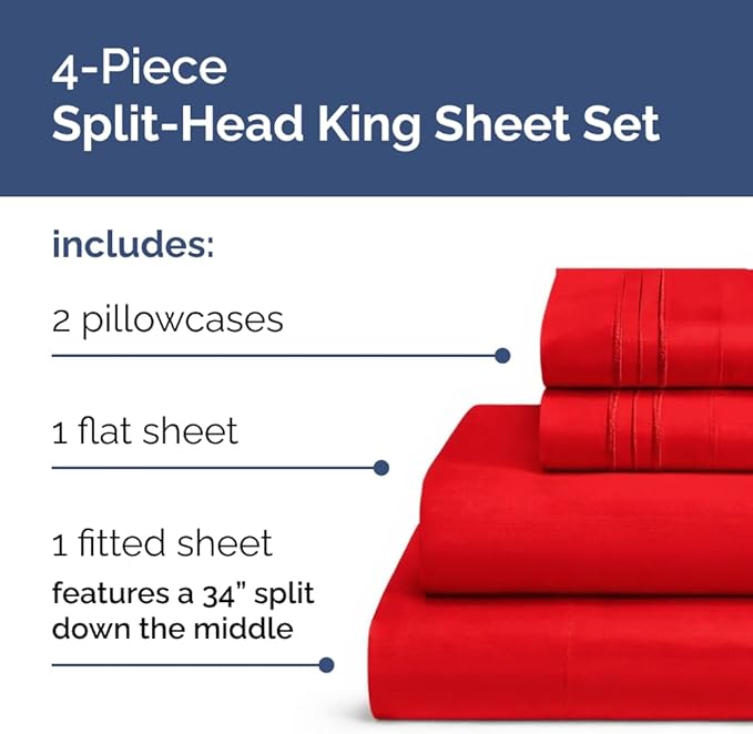 Split Head King Sheet Set – 4 Piece Flex Split Top King Sheets for Adjustable Beds - Fits 14” to 16" Mattress with Deep Pockets - Ultra-Soft, Breathable & Cooling - Luxury Bedding & Wrinkle Free - Red
