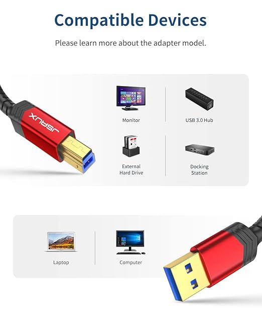 USB B 3.0 Cable, JSAUX USB A Male to B 3.0 Male (6.6ft/2M) USB 3.0 Type B Upstream Cord Nylon Braided Compatible with Docking Station, External Hard Drivers, Scanner, Printer and More(Black)