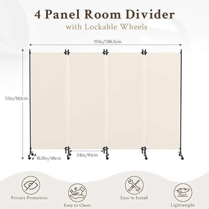 Kokorona 4 Panel Room Divider, 6FT Tall Folding Privacy Screen - Image 2